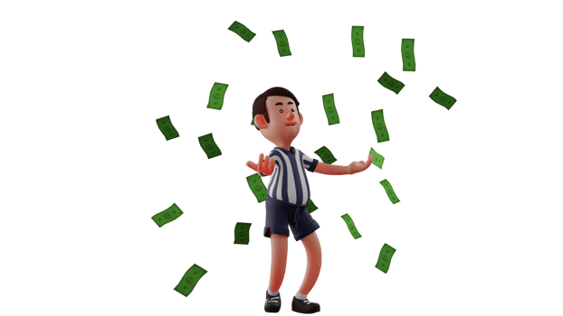 3D illustration. Rich Man 3D Cartoon Character. Young man who work as referee earn a lot of money from his work. Referee who stood up and spread both hands under the flying money. 3D Cartoon Character png