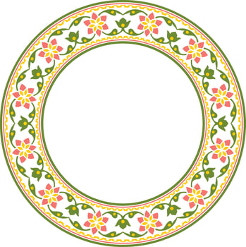 Vector round colorful Indian national ornament. Ethnic plant circle, border. Frame, flower ring. Poppies and leaves