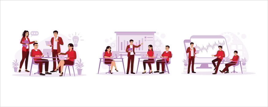 The business team has meetings in the boardroom, discussing graphs, diagrams, and charts and thinking about new business ideas. Meeting and conference concept. Trend modern vector flat illustration.