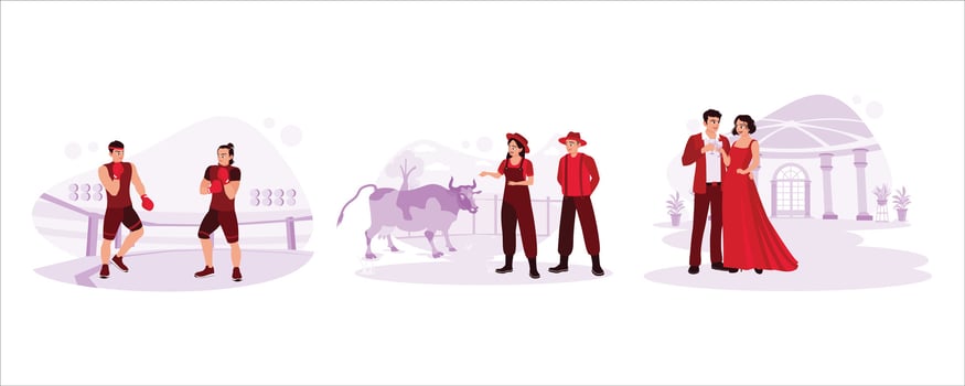 Two boxing athletes are ready to fight in the boxing ring. Happy young couple looking at cows on their farm. A couple in love is toasting. Trend modern vector flat illustration.