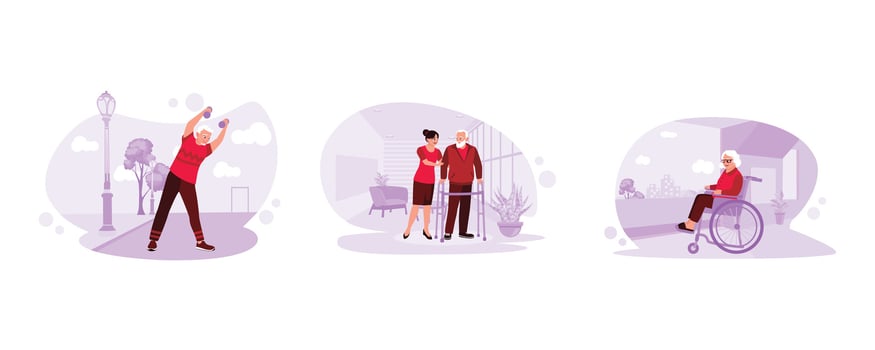 Old sportsman doing light exercise outdoors. The nurse helps a patient learn to walk with an assistive device. The older woman was sitting in a wheelchair by the window. vector