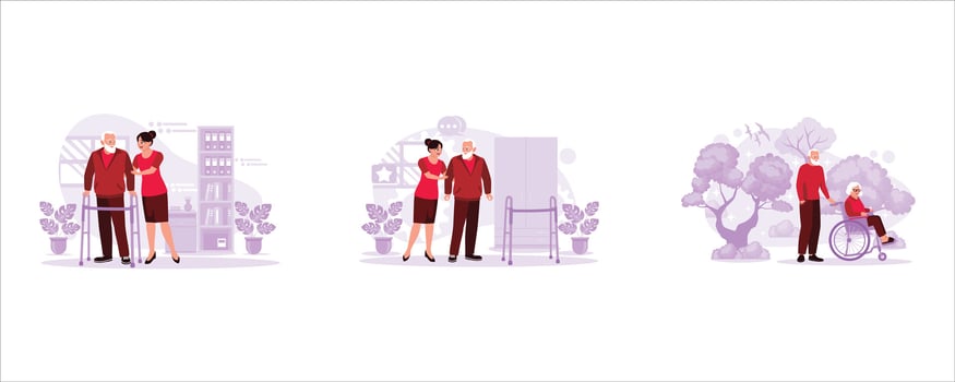 Portrait of a nurse helping a patient walk on crutches in a nursing home. The nurse allows the older man to walk. Portrait of husband pushing wife sitting in a wheelchair. vector