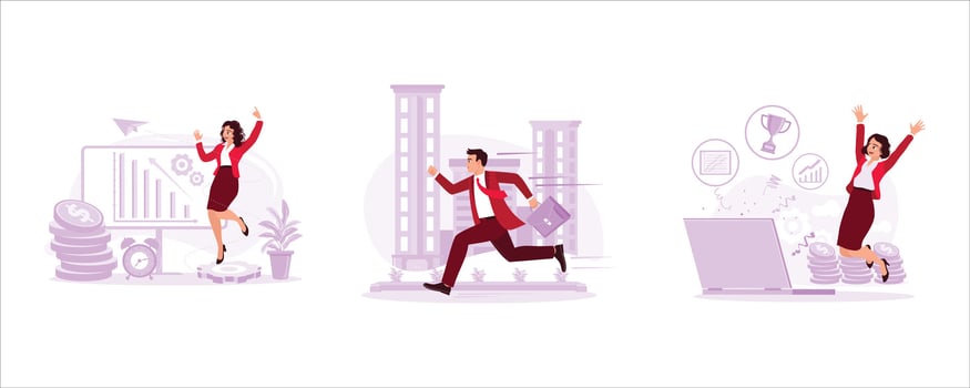 The female employee jumps with joy. The young man in a suit ran excitedly. Young woman jumping and celebrating the business project. Trend Modern vector flat illustration.