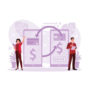 Two people are transacting online and transferring money via mobile payment on the smartphone. Trend Modern vector flat illustration.