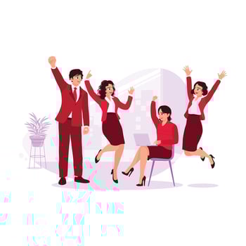 Group of young people celebrating successful business deals happily in the office. Trend Modern vector flat illustration.
