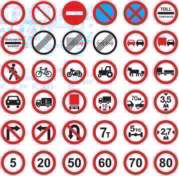 Vector road prohibition signs. Stop, stop, no parking, bicycles, pedestrians, length, distance, motorcycle, tractor, trailer, customs, turn