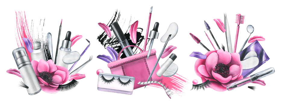 Pink cosmetic bag with beauty master's tools for eyelash extension and lamination, with brushes, silicone rollers. Watercolor illustration, hand drawn. Set of compositions png