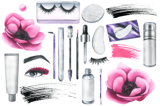Pink cosmetics with anemone flowers and various decorative and skin care cosmetics. Watercolor illustration, hand drawn. Set of isolated elements png