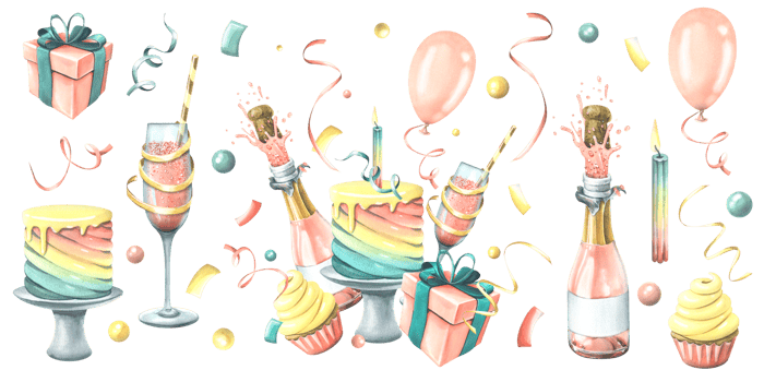 Bright, cheerful, festive, composition with champagne, cake, gifts, balloons and confetti, flags. Watercolor illustration hand drawn. Set of isolated elements png