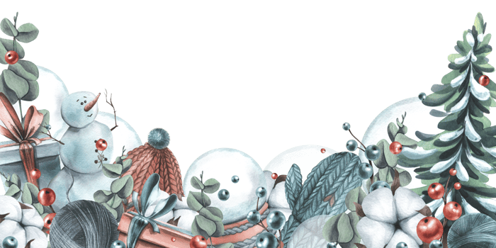 Winter, New Year, Christmas border with snowman, knitted things, cotton, Christmas balls, toys, gifts. Watercolor illustration hand drawn, template png