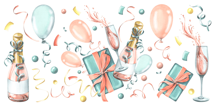 Gift box with a bottle and a glass of champagne, with balloons and confetti, in pink and blue. Watercolor illustration hand drawn. Set of isolated elements png