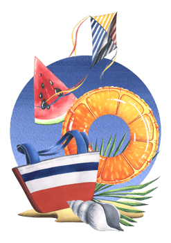 Striped beach bag with inflatable ring orange, seashell, palm branch, watermelon and kite on a tropical island. Watercolor illustration, hand drawn. Isolated composition png