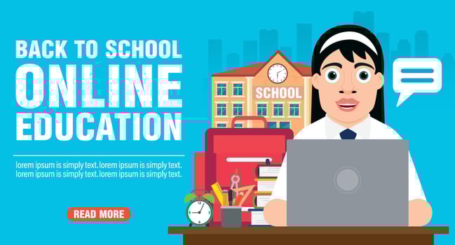 Back to school. Online education flat design banner with girl vector