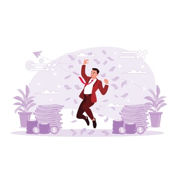 A man in a tie jumps happily against a pile of money and money raining in the background. Trend Modern vector flat illustration.