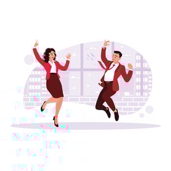 Portrait of a man and woman cheering and jumping happily, celebrating victory. Trend Modern vector flat illustration.