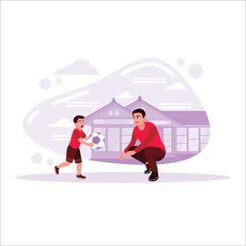 Father and his little son are playing football together in the yard. Trend Modern vector flat illustration.
