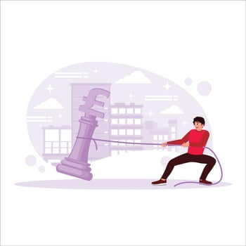 Man trying to pull chess pound symbol firmly, city view background. Trend Modern vector flat illustration.