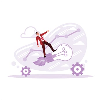 The successful idea, flying on a rocket light bulb. The businessman is driving a light bulb rocket on a growth chart. Productivity boosting concept. Trend Modern vector flat illustration