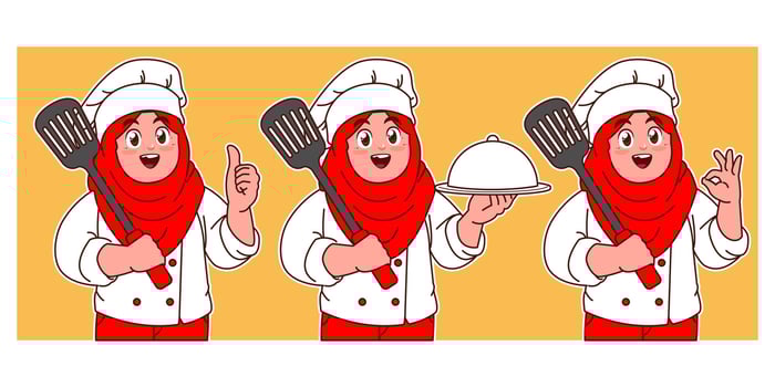 little hijab chef holding spatula and delicious dish vector