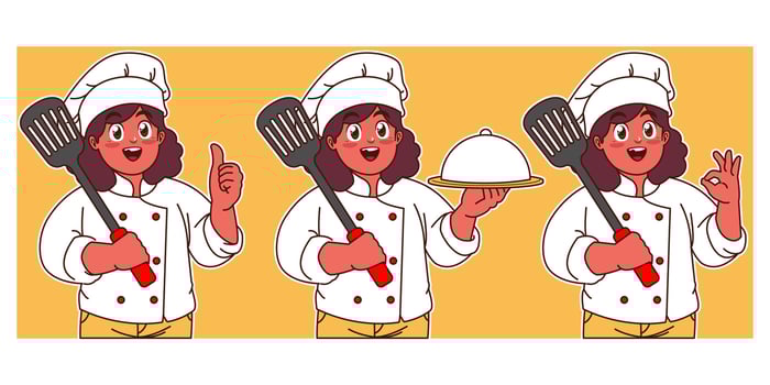little chef holding spatula and delicious dish vector