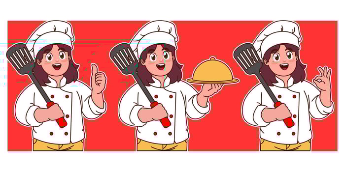 little chef holding spatula and delicious dish vector