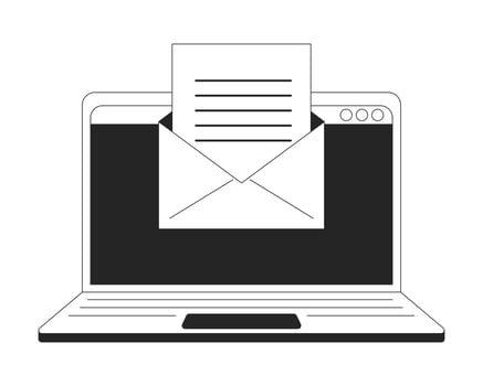 Email on laptop flat monochrome isolated vector object. Virtual communication. Editable black and white line art drawing. Simple outline spot illustration for web graphic design