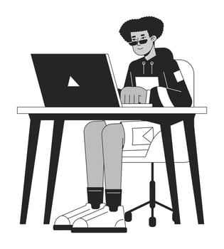 Happy latin man at office bw concept vector spot illustration. Freelancer typing on laptop 2D cartoon flat line monochromatic character for web UI design. Editable isolated outline hero image