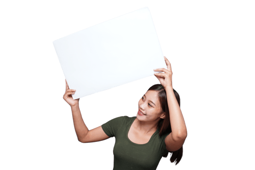 Beautiful Asian woman holding an empty board and smiling png