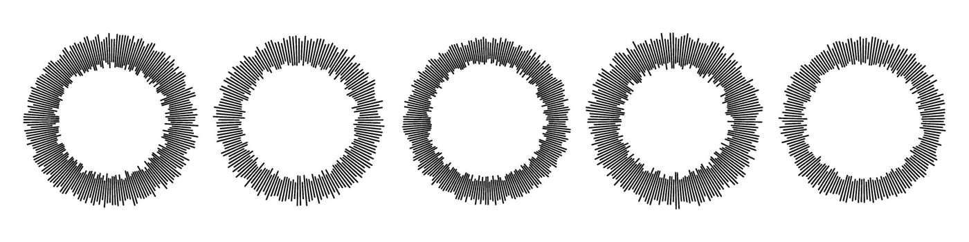 Circular Music Visualization. Collection of vector designs depicting sound waves, audio beats and voice in a radial circle. Dynamic soundwave equalizer effects as icons. Illustrations