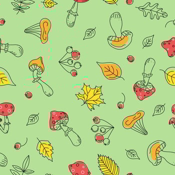 Autumn Pattern mushrooms , leaves and berries. Fly agaric, rowan branch, maple leaf, doodle, drawings, sketch. Black and white vector illustration on color spots. Background white isolated.