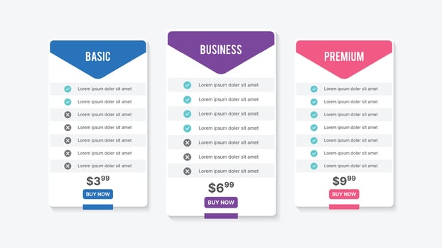 Subscription Plan Price Comparison Table Infographic Design Template vector