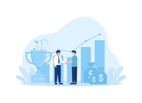 Two people shaking hands with money bag and growth data concept flat illustration vector