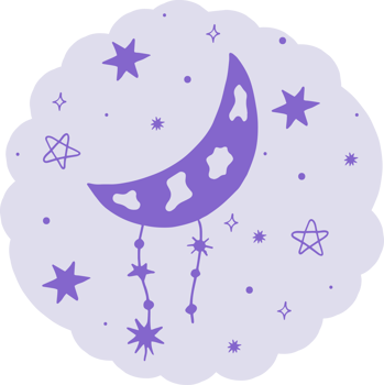 Moon and stars in purple. Highlight cover, social media design, icon, emblem, logo. Doodle style illustration png