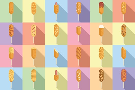 Corn dog icons set flat vector. Fast food vector