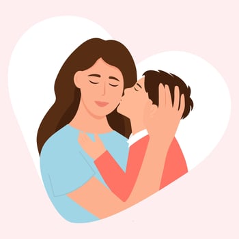 Mom hugs her son . Mother holds child. Mothers Day.Parent shows love and care. Vector illustration