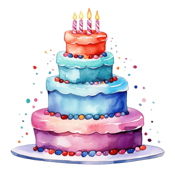 Watercolor vibrant birthday cake isolated png