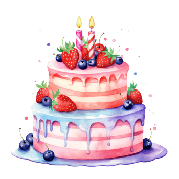 Watercolor vibrant birthday cake isolated png