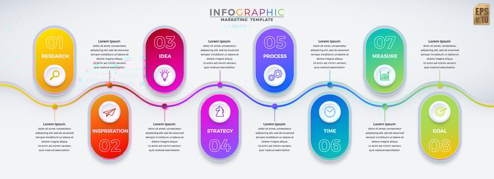 Infographic vector business colorful design round corner and circle icons 8 options isolated in minimal style. You can used for Marketing process, workflow presentations layout, flow chart, print ad.