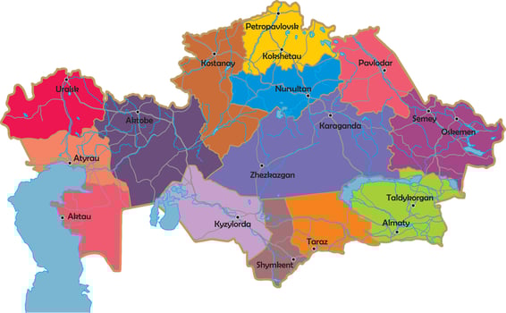 Vector administrative map of Kazakhstan. Map with borders of regions, rivers, bodies of water and roads. Major cities of the country