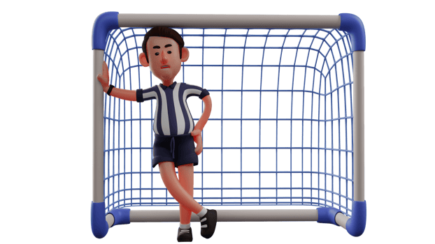 3D illustration. Goal Keeper 3D Cartoon Character. Handsome goalkeeper standing and holding on to goal. The goalkeeper oversees the match on the field. 3D Cartoon Character png