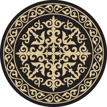 Vector round Kazakh ornament shanyrak. gold patterned circle on a black background. Nomad art, yurt decoration