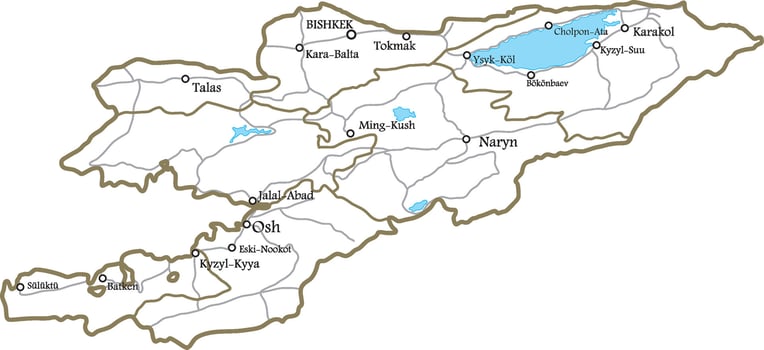 Vector outline map of Kyrgyzstan with borders of regions, lakes and rivers. Administrative division of the state. Issyk-Kul lake