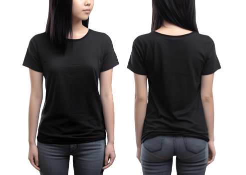 Young woman in black T shirt mockup front and back view, Cutout, AI Generative png