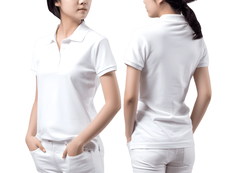 Young woman in white Polo shirt mockup front and back view, Cutout, AI Generative png