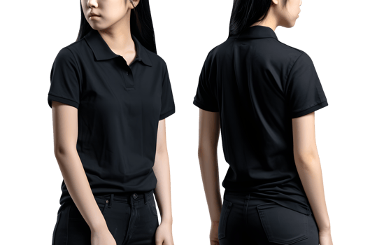Young woman in black Polo shirt mockup front and back view, Cutout, AI Generative png
