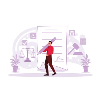 A man holding a large pencil signing an employment contract and weighing scales beside him. Justice and law, lawyers, court judges. Court decision. Trend Modern vector flat illustration