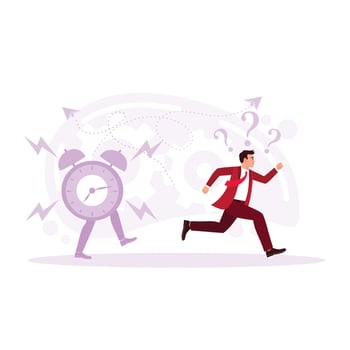 A businessman flees from the sound of the alarm. Business concept of deadline, time management, fear of being late. Businessman chasing time. Trend Modern vector flat illustration