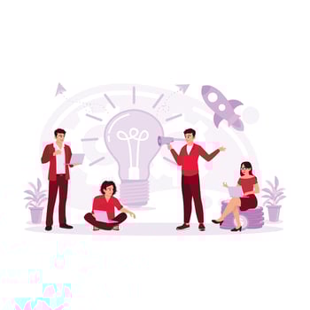 Teamwork. Young woman, businesswoman, man, financial analyst, or clerk in business clothes. Concept of finance, economy, professional work. Trend Modern vector flat illustration
