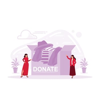 Donation Concept. Woman in front of a donation box full of clothes. Trend Modern vector flat illustration