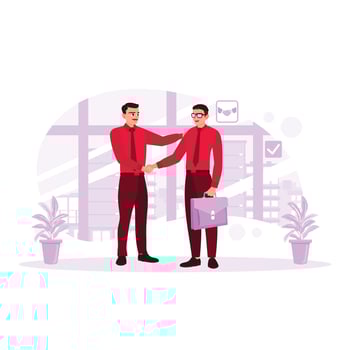 two businesspeople are shaking hands, agreeing to buy and sell real estate. Meetings, visions, investments for profit. Trend Modern vector flat illustration